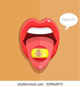 Spanish language concept. Spanish language tongue open mouth with flag of Spain, woman face. Flat design, vector illustration.
