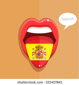 Spanish language concept. Spanish language tongue open mouth with flag of Spain, woman face. Flat design, vector illustration.