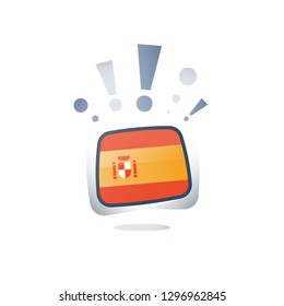 Spanish language, flags icons, linguistic learning, online course, enroll button, chat speech bubble, exam and test preparation program, vocabulary improvement, check mark
