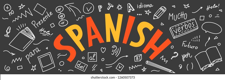 Spanish. Language hand drawn doodles and lettering. Education vector illustration.