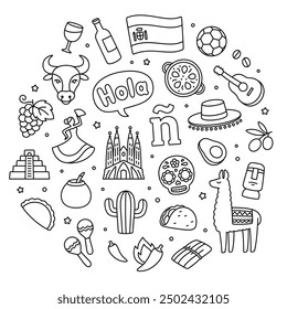 Spanish language and Hispanic cultures hand drawn doodle set. Spain and Latin America symbols. Vector line art illustration.