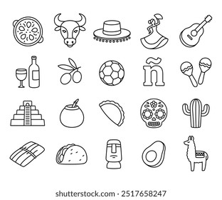 Spanish language and Hispanic cultures icons, hand drawn doodle style. Spain and Latin America symbols. Vector line art illustration.