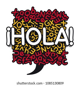 Spanish language learning banner with hand drawn of Hola, translation of Hello phrase in a colors of the Spanish flag mixed letters speech bubble background. Clipping paths included.