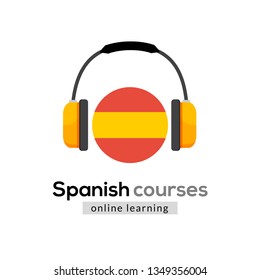 Spanish Language Learning Logo Icon With Headphones. Creative Spanish Class Fluent Concept Speak Test And Grammar.