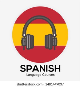 Spanish Language Learning Logo Icon With Headphones. Creative Spanish Class Fluent Concept Speak Test And Grammar.