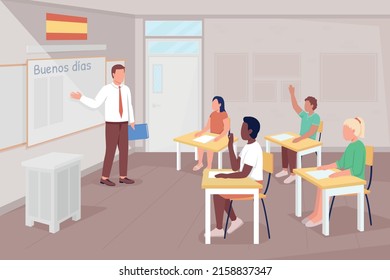 Spanish language lesson flat color vector illustration. Teacher and pupils 2D simple cartoon characters with classroom on background. Inscription on blackboard good morning. Patrick Hand font used