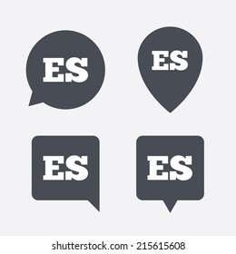 Spanish language sign icon. ES translation symbol. Map pointers information buttons. Speech bubbles with icons. Vector