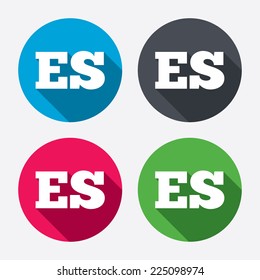 Spanish Language Sign Icon. ES Translation Symbol. Circle Buttons With Long Shadow. 4 Icons Set. Vector