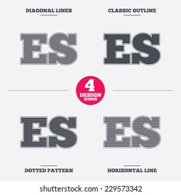 Spanish language sign icon. ES translation symbol. Diagonal and horizontal lines, classic outline, dotted texture. Pattern design icons.  Vector