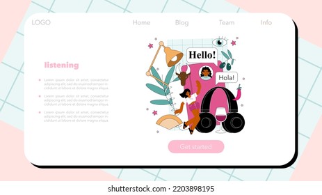 Spanish language web banner or landing page. Language school spanish listening, reading and speaking course. Foreign languages studying. Idea of global communication. Flat vector illustration