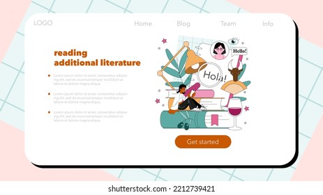 Spanish language web banner or landing page. Language school spanish listening, reading and speaking course. Foreign languages studying. Idea of global communication. Flat vector illustration