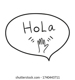 Spanish language word means hi. Waving hand sticker element says hello, good day. Vector illustration isolated on white background. Sticker elements with word in cloud nice print for any design.