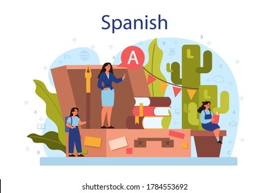 Spanish learning concept. Language school spanish course. Study foreign languages with native speaker. Idea of global communication. Vector illustration in cartoon style