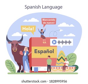 Concepto de aprendizaje español. Curso en español de la escuela de idiomas. Estudiar idiomas extranjeros con hablante nativo. Idea de comunicación global. Ilustración vectorial en estilo de caricatura
