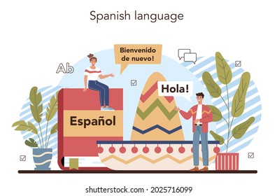 Spanish learning concept. Language school spanish course. Study foreign languages with native speaker. Idea of global communication. Vector illustration in cartoon style