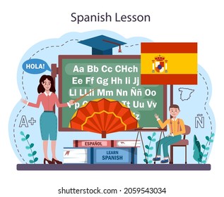 Spanish learning concept. Language school spanish course. Study foreign languages with native speaker. Idea of global communication. Vector illustration in cartoon style