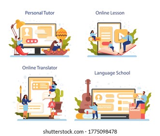 Spanish learning online service or platform set. Language school spanish course. Study foreign languages with native speaker. Online tutor, language school, lesson, translator. Vector illustration