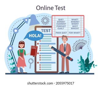 Spanish learning online service or platform. Language school spanish course. Study foreign languages with native speaker. Online test. Vector illustration in cartoon style