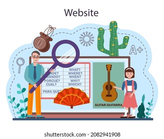 Spanish learning online service or platform. Language school spanish course. Study foreign languages with native speaker. Website. Vector illustration in cartoon style