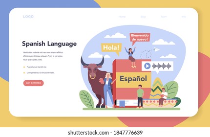 Spanish learning web banner or landing page. Language school spanish course. Study foreign languages with native speaker. Idea of global communication. Vector illustration in cartoon style