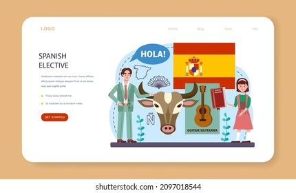 Spanish learning web banner or landing page. Language school spanish course. Study foreign languages with native speaker. Idea of global communication. Vector illustration in cartoon style
