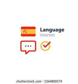 Spanish Lenguage Flag Icon And Logo. Linguistics Class, Speech Bubble, Exchange Concept. Flat Design Vector Illustration