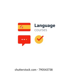 Spanish Lenguage Flag Icon And Logo. Linguistics Class, Speech Bubble, Exchange Concept. Flat Design Vector Illustration