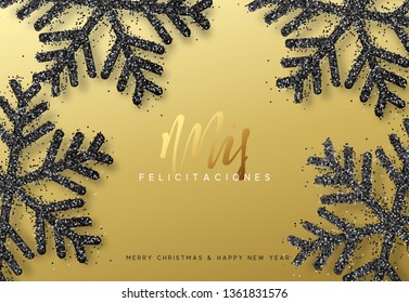 Spanish lettering Felices fiestas y Feliz Navidad. Christmas background with realistic bright snowflakes