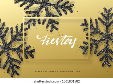 Spanish lettering Felices fiestas y Feliz Navidad. Christmas background with realistic bright snowflakes