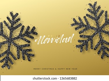 Spanish lettering Feliz Navidad. Christmas background with realistic bright snowflakes