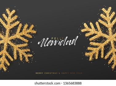 Spanish lettering Feliz Navidad. Christmas background with realistic bright snowflakes