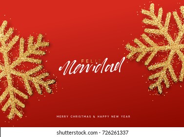 Spanish lettering Feliz Navidad. Christmas background with realistic bright snowflakes