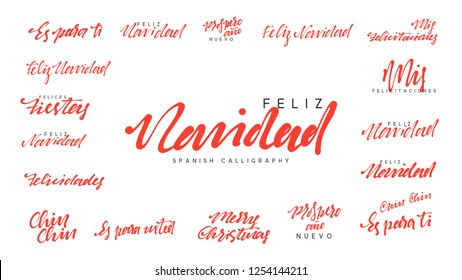 Spanish lettering Feliz Navidad, Felices Navidades, Mis felicitaciones. Merry Christmas and Happy New Year, red text calligraphy