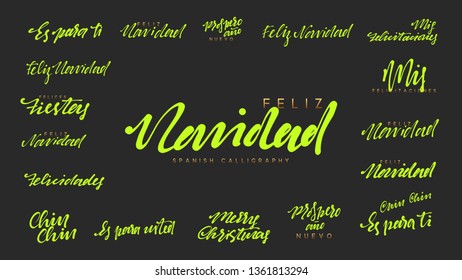 Spanish lettering Feliz Navidad, Felices Navidades, Mis felicitaciones. Merry Christmas and Happy New Year, green text calligraphy