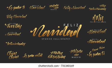 Spanish lettering Feliz Navidad, Felices Navidades, Mis felicitaciones. Merry Christmas and Happy New Year, golden text calligraphy