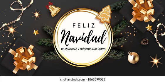 Spanish lettering Feliz Navidad - Happy New Year and Merry Christmas. Christmas festive luxury black and gold background with gifts box and christmas balls, stars, bell, light garland  fir tree.