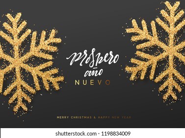 Spanish lettering Feliz Navidad y Prospero ano Nuevo. Merry Christmas and Happy New Year background with realistic bright snowflakes