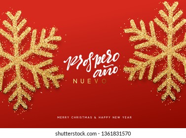 Spanish lettering Feliz Navidad y Prospero ano Nuevo. Christmas background with realistic bright snowflakes