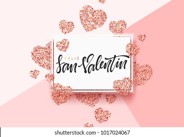 Spanish lettering Feliz San Valentin, greeting card on red bright heart background. Festive banner and poster.
