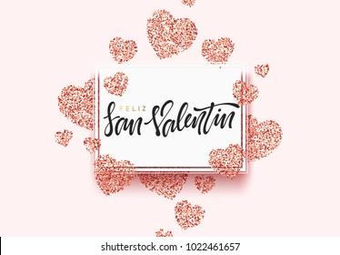 Spanish lettering Feliz San Valentin, greeting card on red bright heart background. Festive banner and poster.