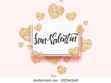 Spanish lettering Feliz San Valentin, greeting card on golden bright heart, on pink background. Holiday banner and poster.