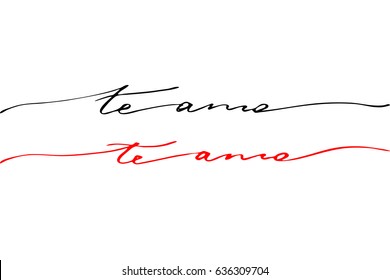 Spanish love phrase lettering te amo I love you in Spanish. Handwritten black text isolated on white background, vector.