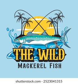 Spanish Mackerel Fish Sport Fishing logotype in blue Background Colorful Vector Cartoon Modern Illustration for sticker badge emblem t-shirt banner invitation