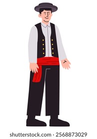 Spanish man wearing Spain traditional cultural clothes vest shirt headdress formal casual tradition clothing European person character colorful design