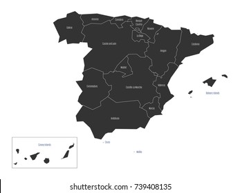 Spanish map devided to 17 administrative autonomous communities. Simple flat dark vector map.