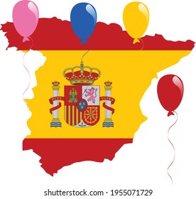Mapa español y el clip de la bandera de España enmascarado dentro con globos de colores que sobrevuelan el mapa