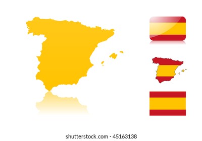 Spanish map including: map with reflection, map in flag colors, glossy and normal flag.