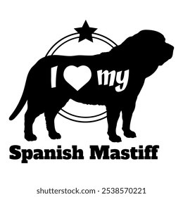 Español Mastiff perro silueta, me encanta mi perro, perro, razas de perro, logotipo, Vector, silueta, animal, ilustración, icono, signo, negro, mascota,