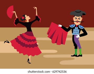 spanish matador cartoon clipart. Bullfighting vector illustration. Toreador man in red cape. Traditional spainish corrida.  beautiful latina dancer with fan.