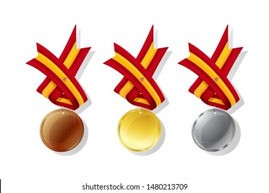 Spanish medals in gold, silver and bronze with national flag. Isolated vector objects over white background